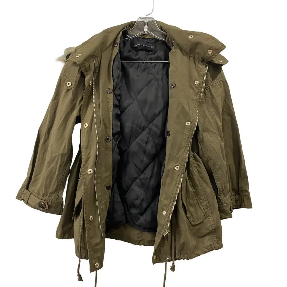 ZARA WOMAN Faux fur hooded Parka Jacket short olive green Size S - Picture 3 of 7